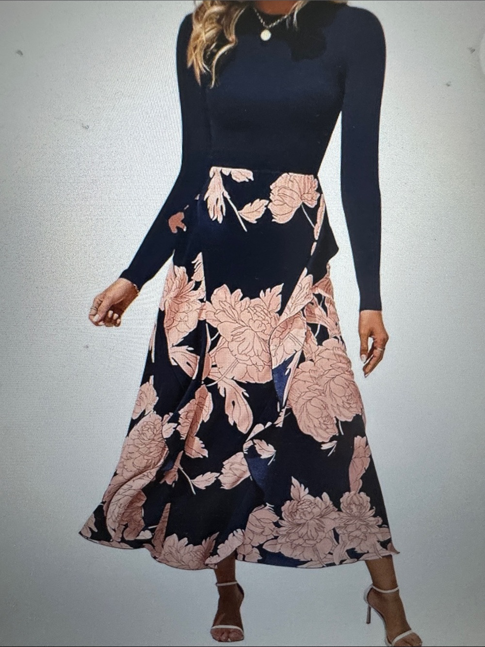 Floral Maxi Skirt in Navy with Blush Pink Print